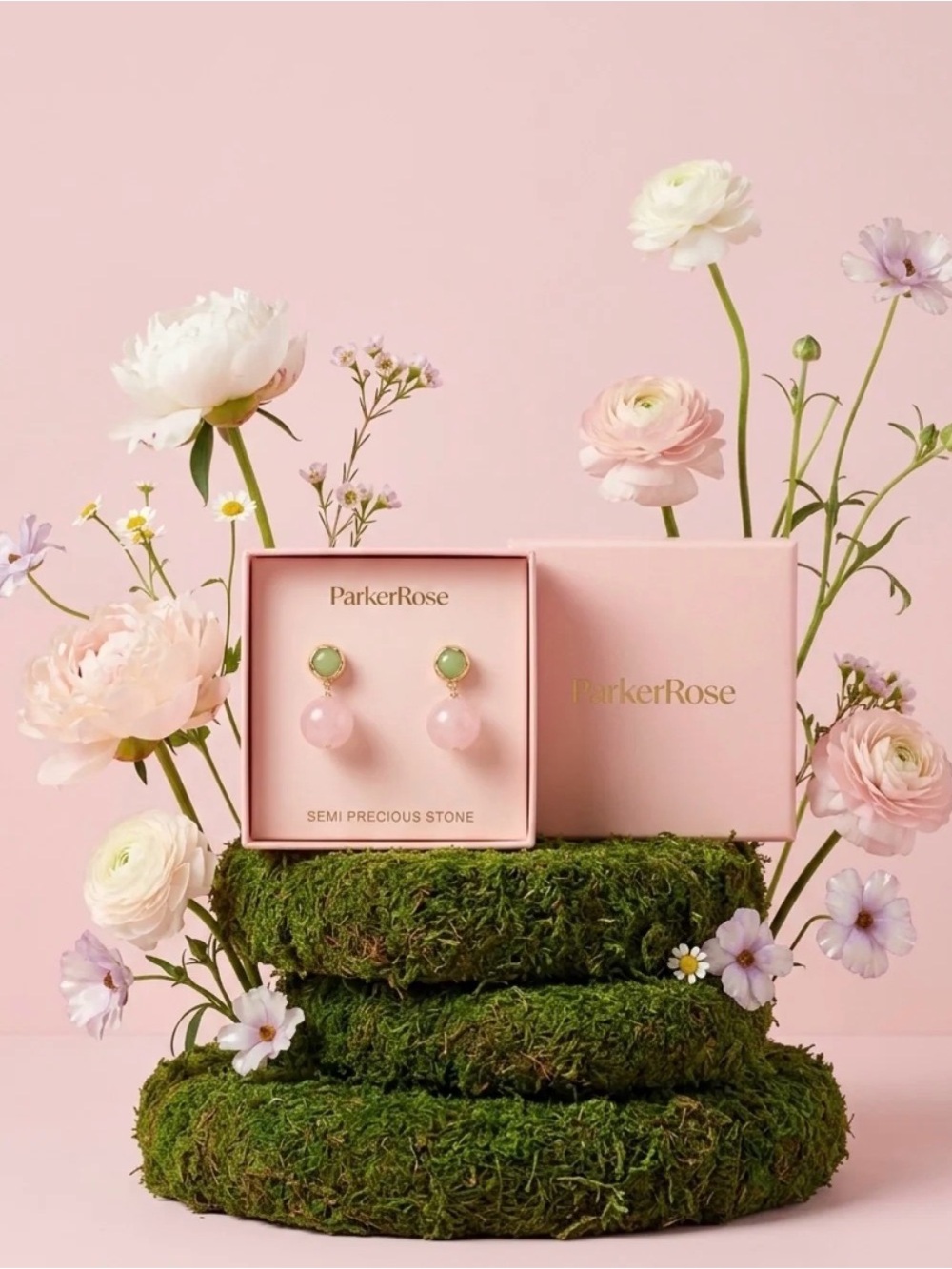 Parker Rose Semi Precious Stone Drop Earrings - Rose Quartz & Jade